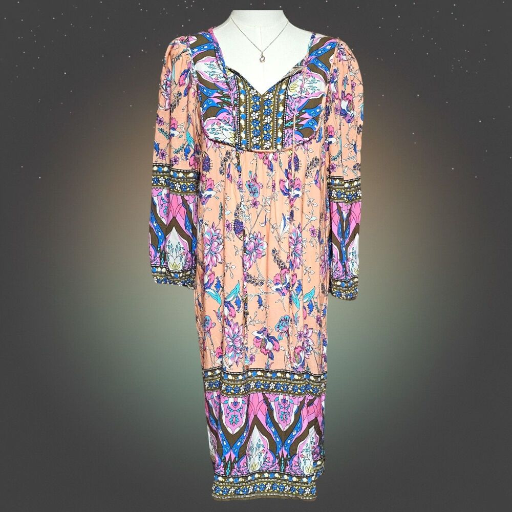 Bluetime Boho Floral Midi Peasant Dress L Cottagecore Festival Hippie Y2K